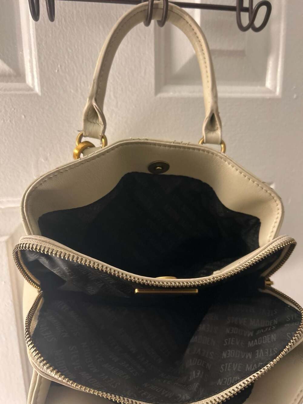 Steve Madden Bmickey Quilted Logo Plaque Satchel with Crossbody Strap in Vanilla - Picture 7 of 9